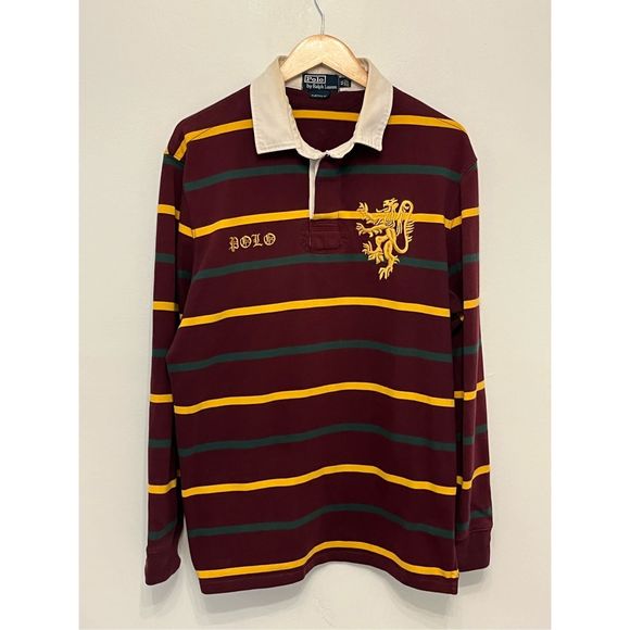 Vintage Polo by Ralph Lauren Striped Maroon Rugby Shirt With Lion Embroidery Siz - Picture 1 of 7
